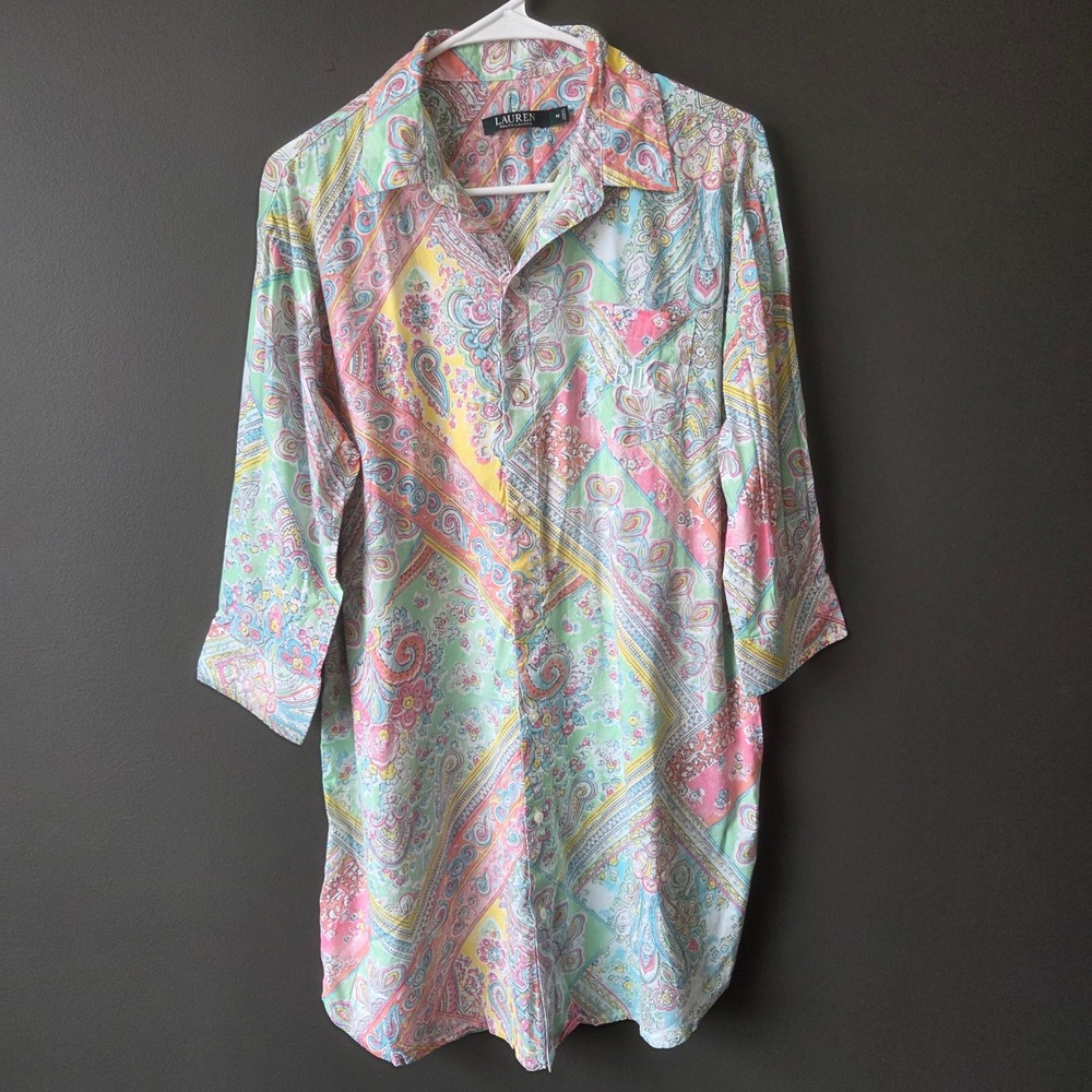 Lauren Ralph Lauren Pastel Paisley Cotton Blend Tunic Shirt Dress Medium Summer‎